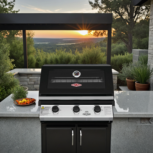 Beefeater 1200E Series 3 Burner Gas BBQ Built into an outdoor kitchen
