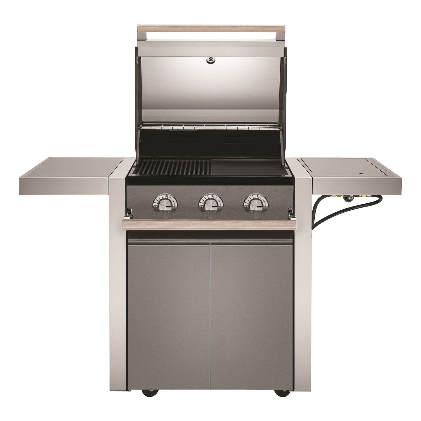 Beefeater 1500 Series 3 Burner Gas BBQ with Trolley and side Burner from the front hood open