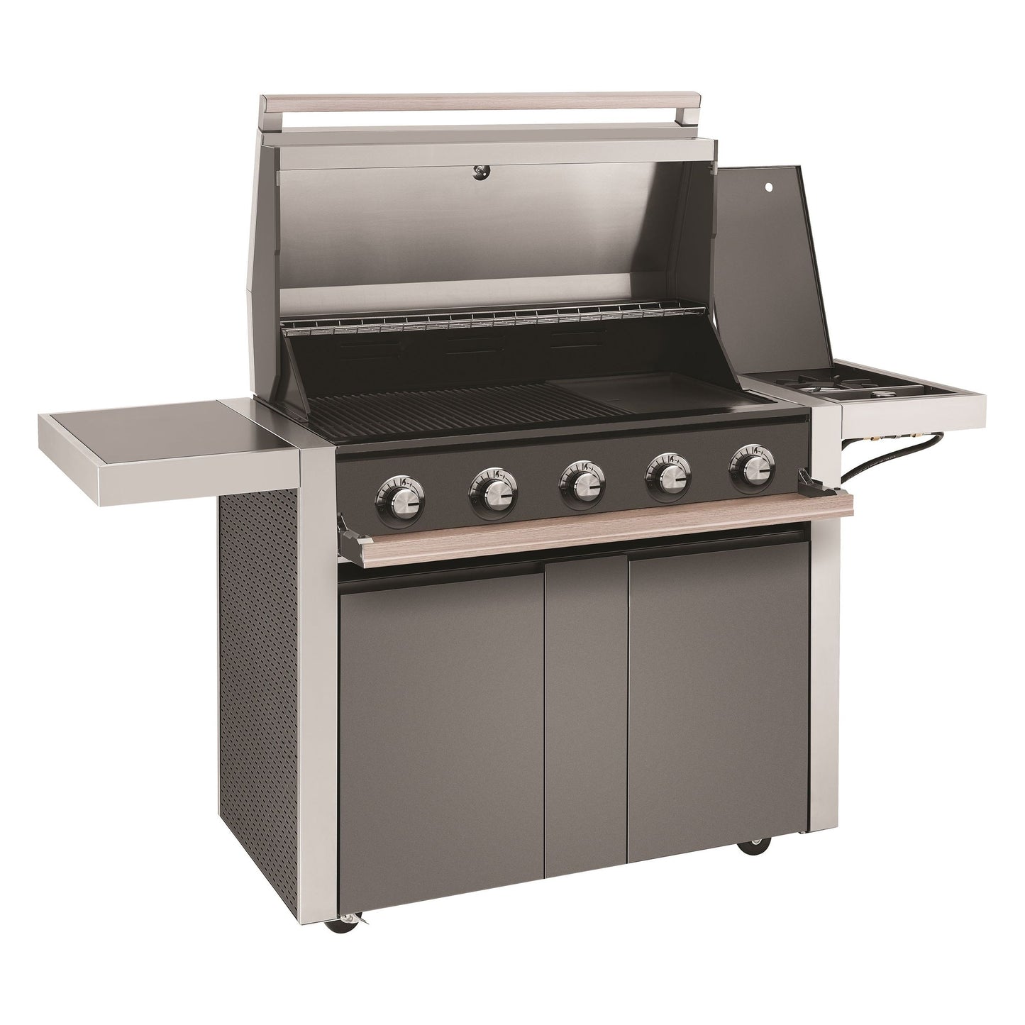 Beefeater 1500 Series 5 Burner Gas BBQ with Trolley and Side Burner from the side hood open