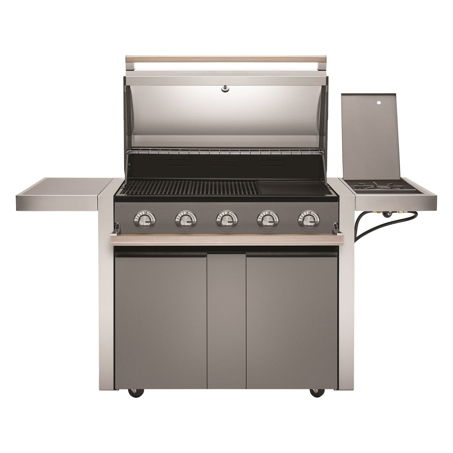Beefeater 1500 Series 5 Burner Gas BBQ with Trolley and Side Burner with hood open