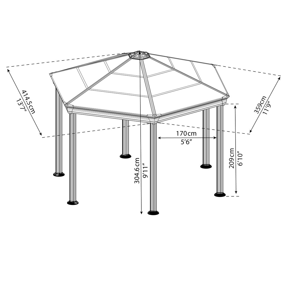 Canopia Grey Aluminium Roma Garden Hexagonal Gazebo with Polycarbonate Roof
