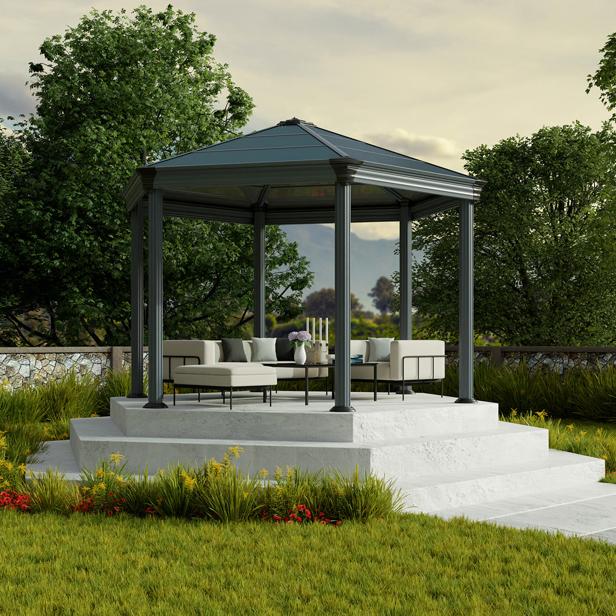 Canopia Grey Aluminium Roma Garden Hexagonal Gazebo with Polycarbonate Roof