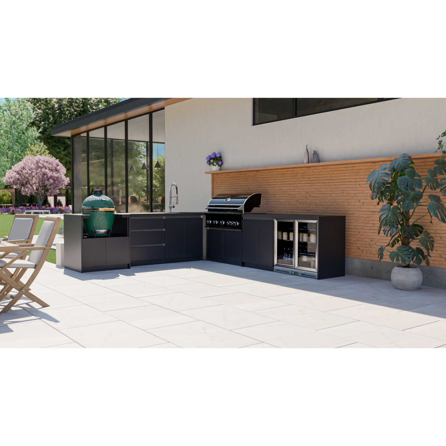 Whistler Fairford L-Shaped Black Outdoor Kitchen with Burford 5-Burner BBQ | 3.1m x 3.5m Egg