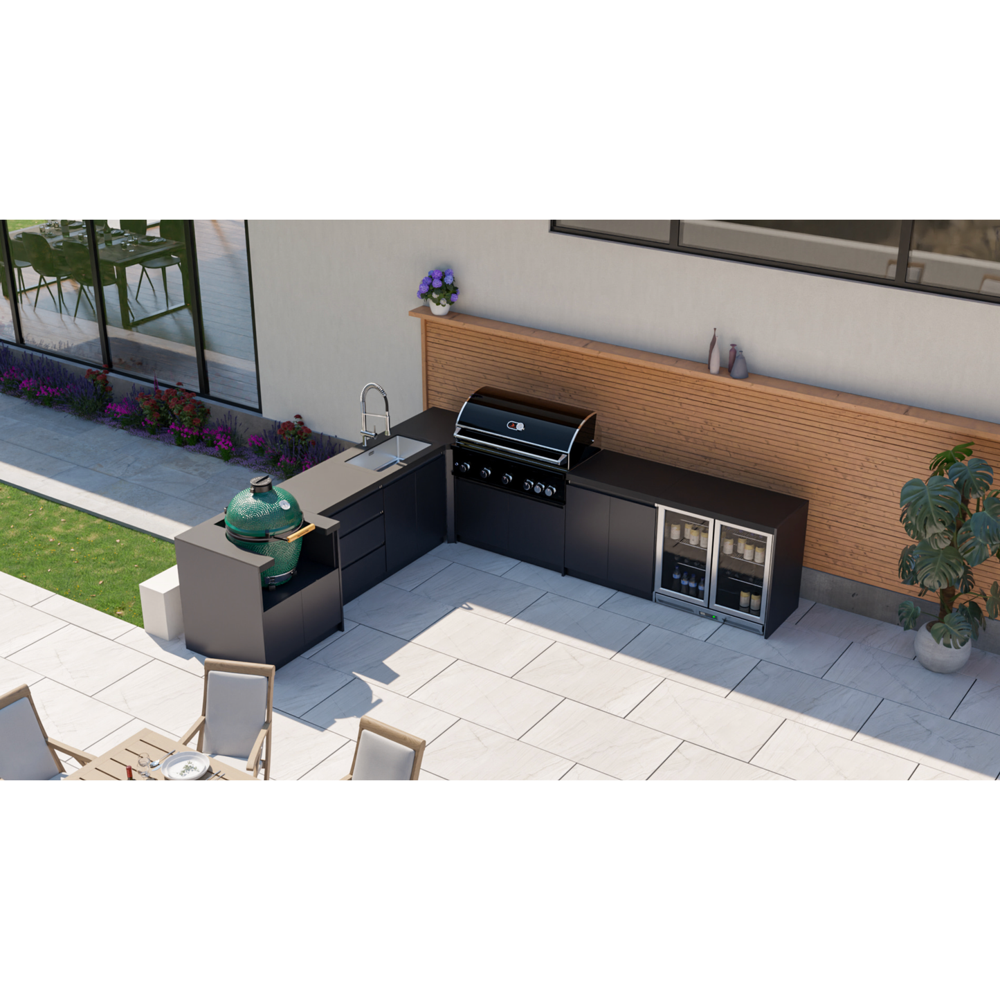 Whistler Fairford L-Shaped Black Outdoor Kitchen with Burford 5-Burner BBQ | 3.1m x 3.5m Egg