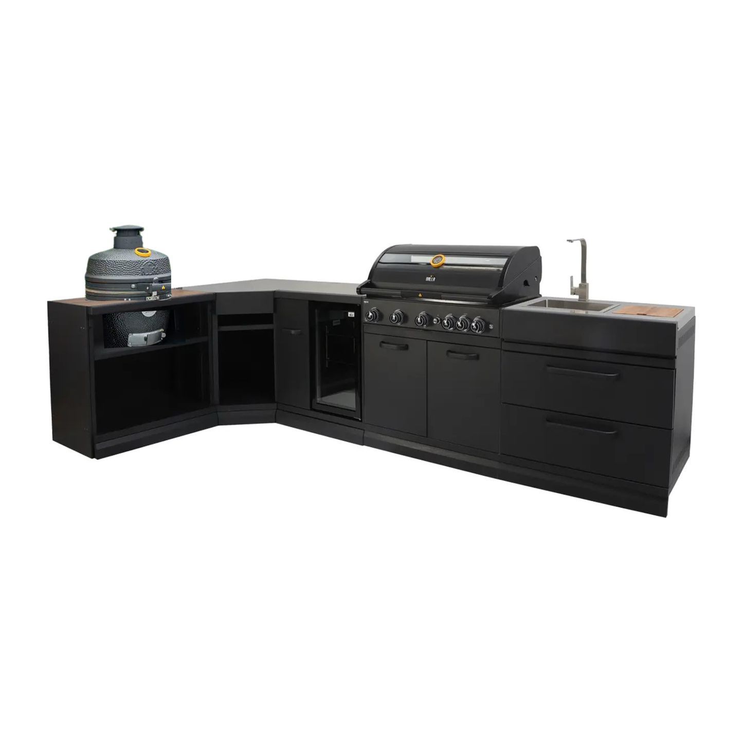 GRLLR Outdoor Kitchen - L Shape 5 Burner Grill including Fridge Sink and kamado Units