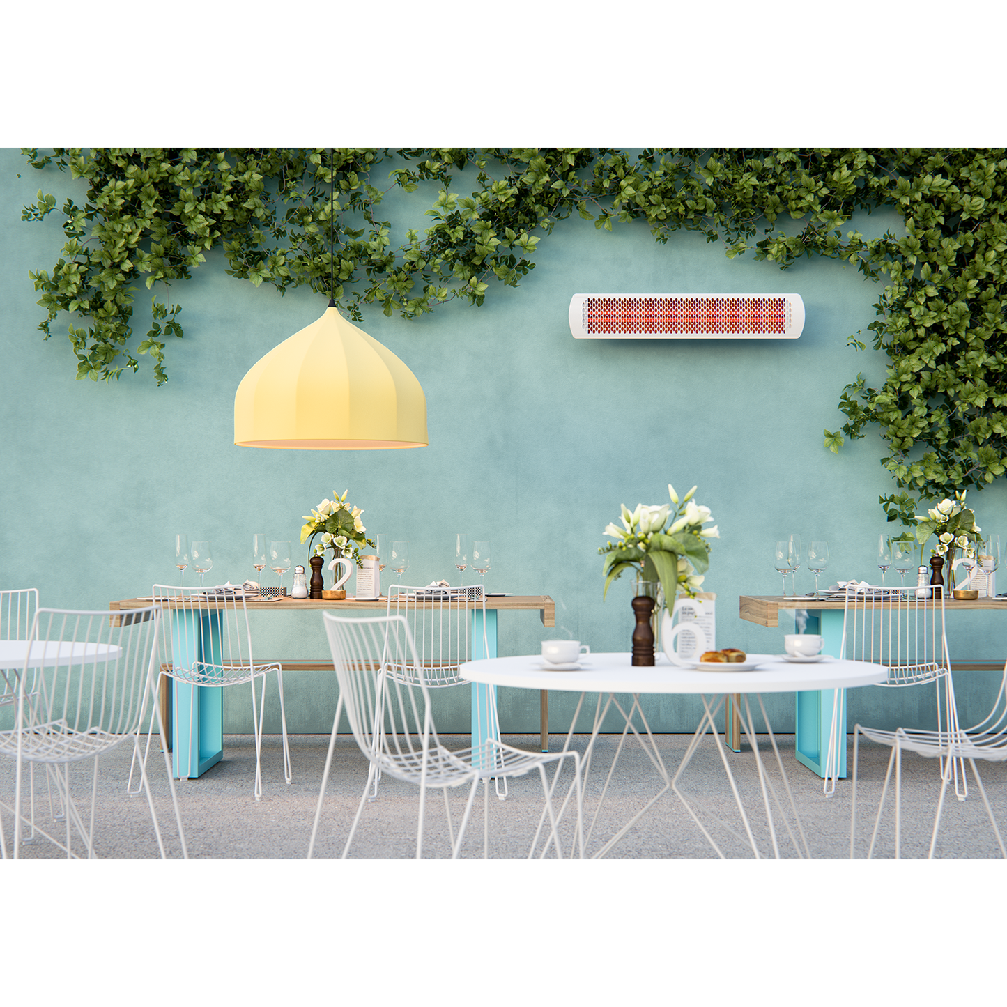 Bromic_Tungsten_Smart-Heat_Electric _Infrared_Heater_white_on_the_restaurant_wall
