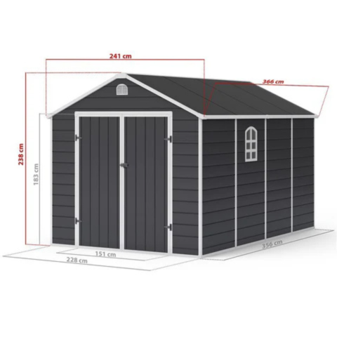 Lotus Sono 8x12 Apex Plastic Garden Storage Shed Including Foundation Kit Grey