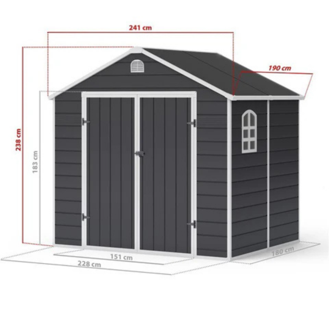 Lotus Sono 8x6 Apex Plastic Garden Storage Shed Including Foundation Kit Grey