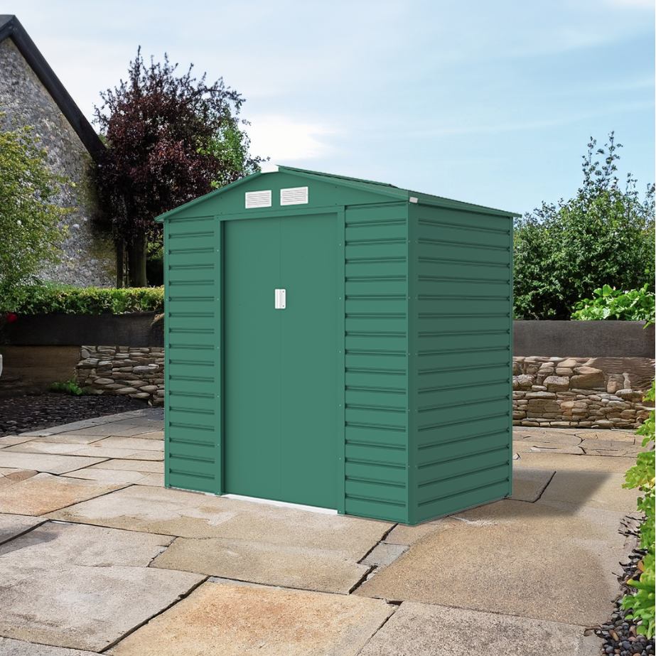 Lotus_Hypnos_Apex_Metal_Shed_ Green_in_the_garden