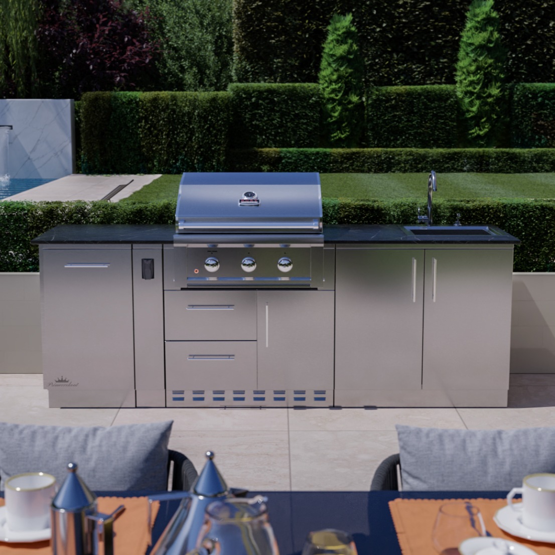 Sunstone 3-Burner Outdoor Kitchen Setup – Double Sink, Single Door Cabinet & Door-Drawer Combo