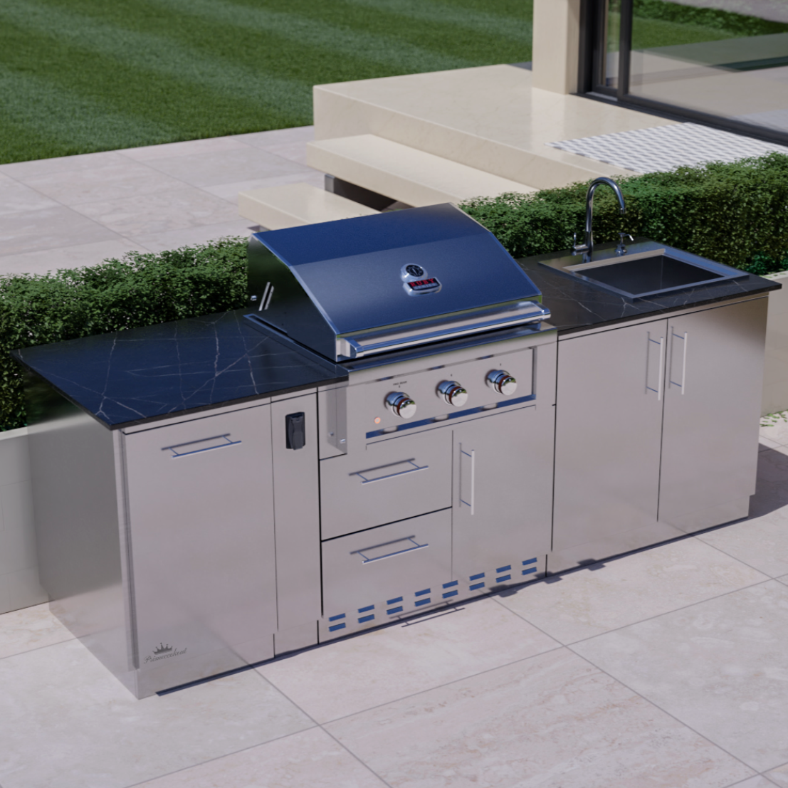 Sunstone 3-Burner Outdoor Kitchen Setup – Double Sink, Single Door Cabinet & Door-Drawer Combo