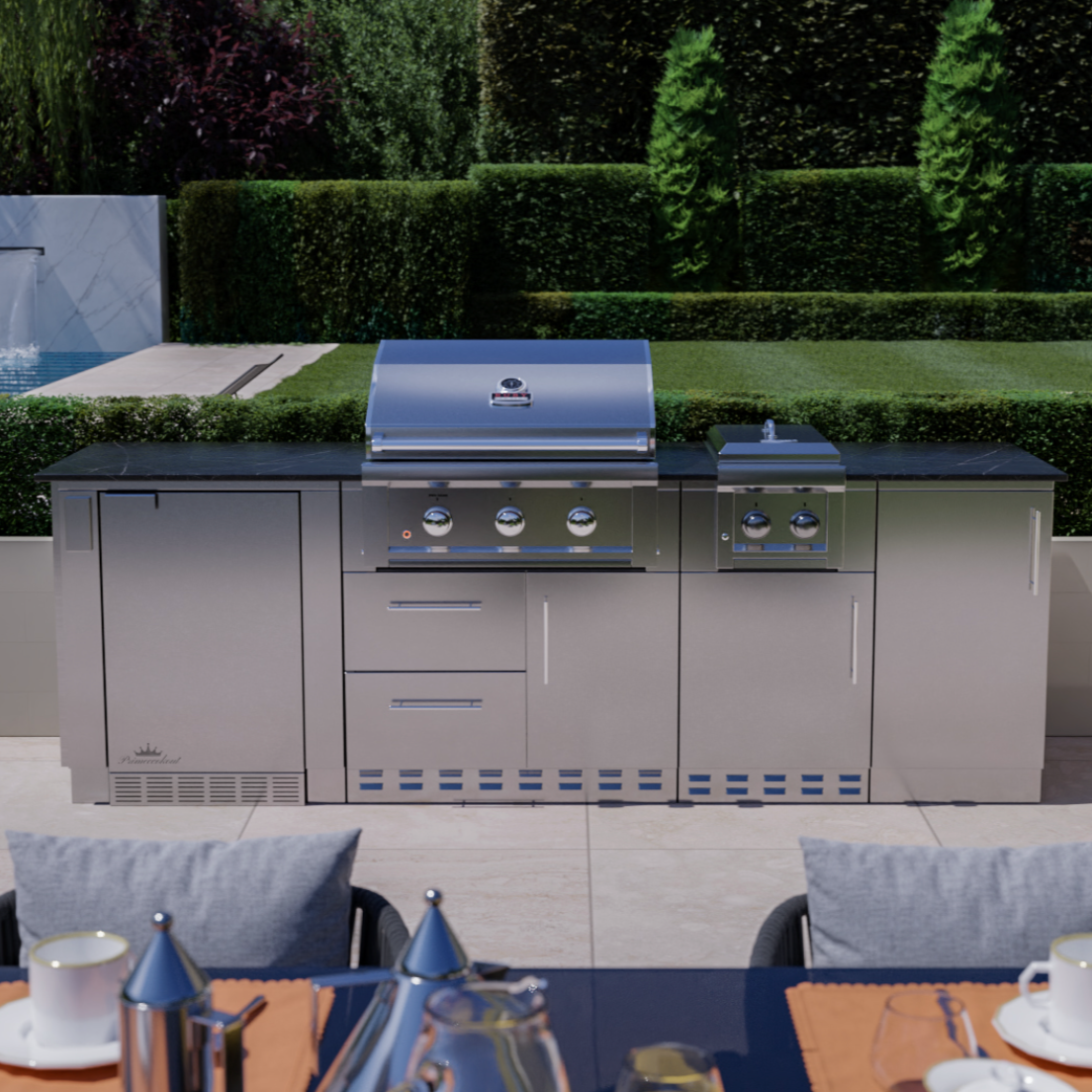 Sunstone 3-Burner Outdoor Kitchen Island Combo – Includes BBQ, Double Side Burner, Fridge & Storage Cabinets