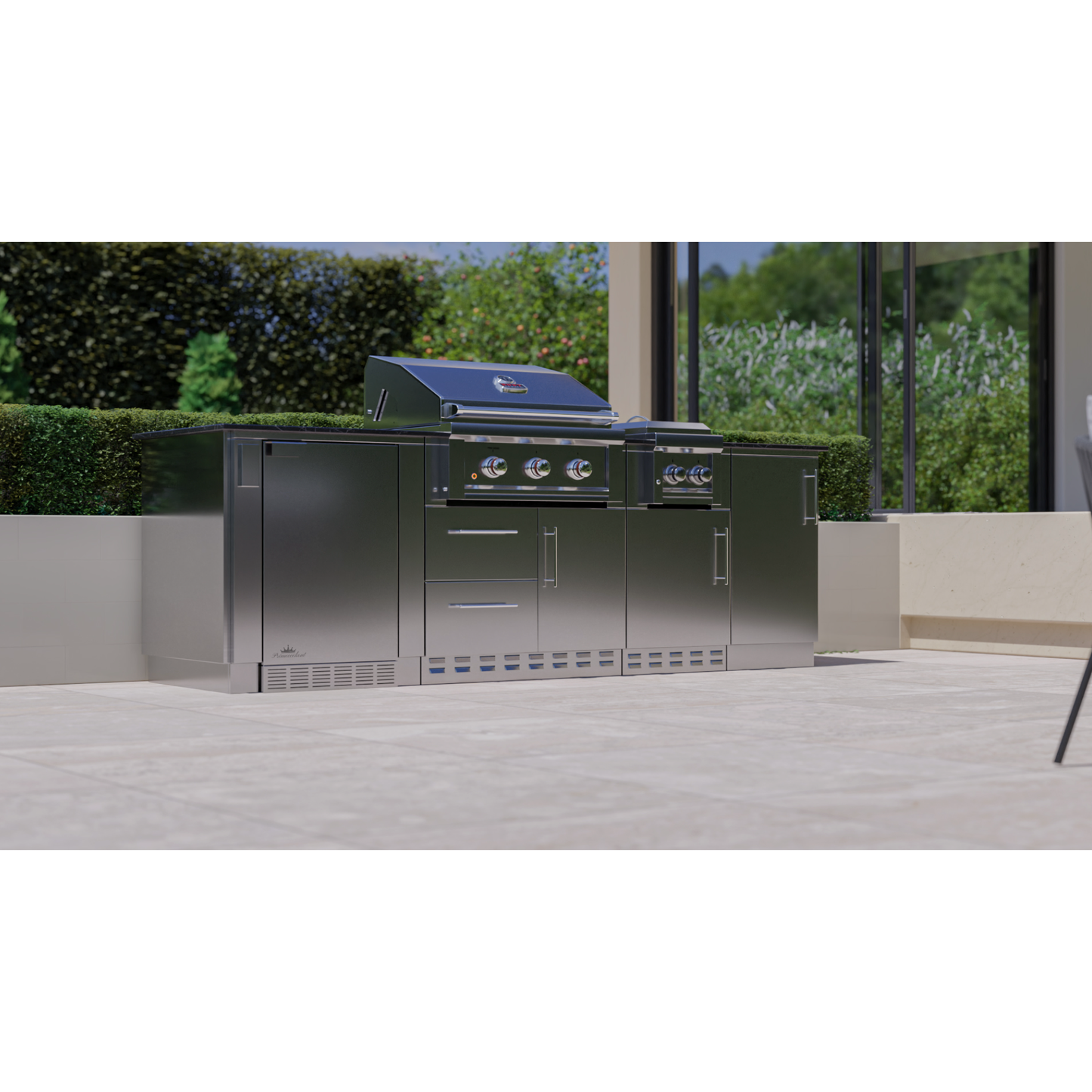 Sunstone 3-Burner Outdoor Kitchen Island Combo – Includes BBQ, Double Side Burner, Fridge & Storage Cabinets