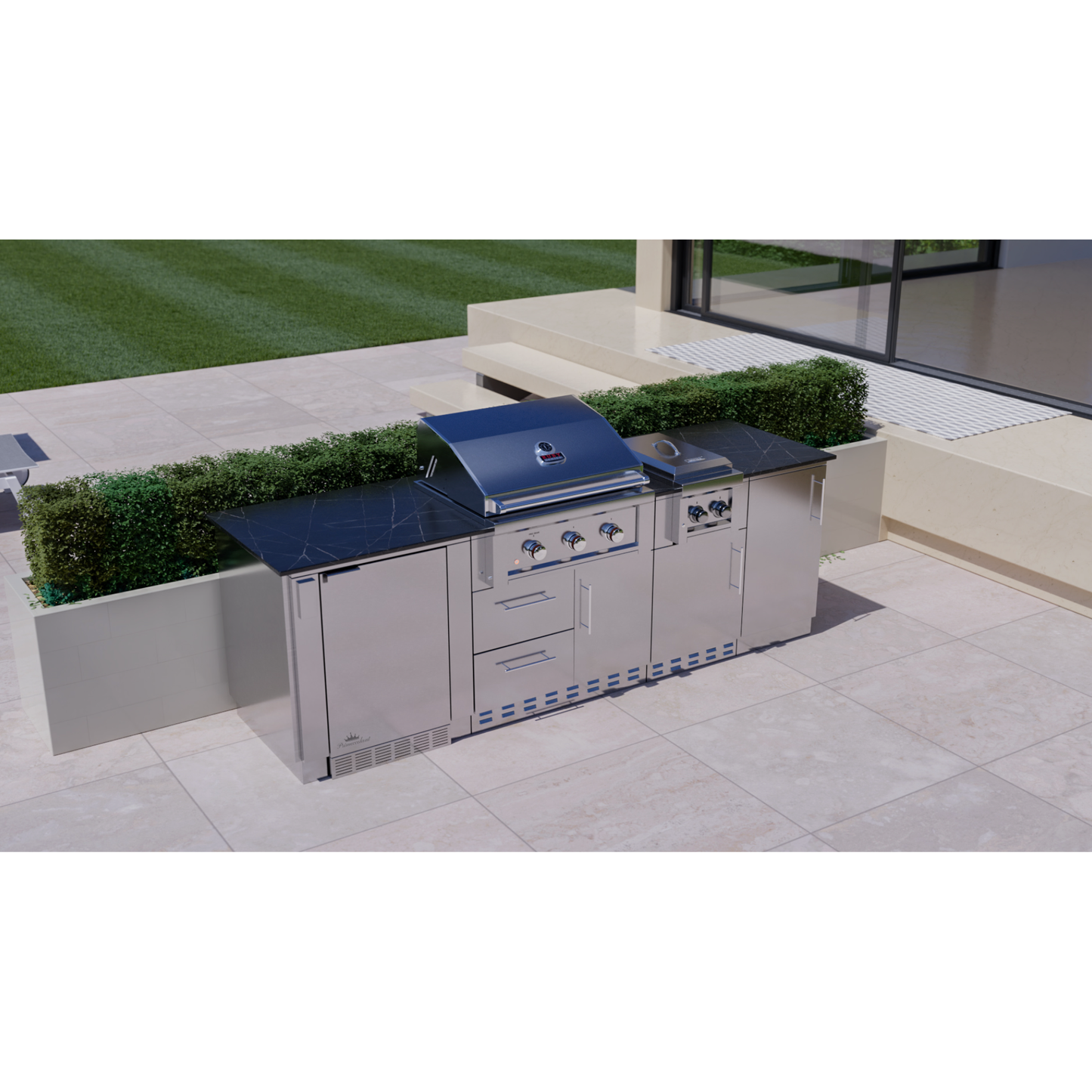 Sunstone 3-Burner Outdoor Kitchen Island Combo – Includes BBQ, Double Side Burner, Fridge & Storage Cabinets