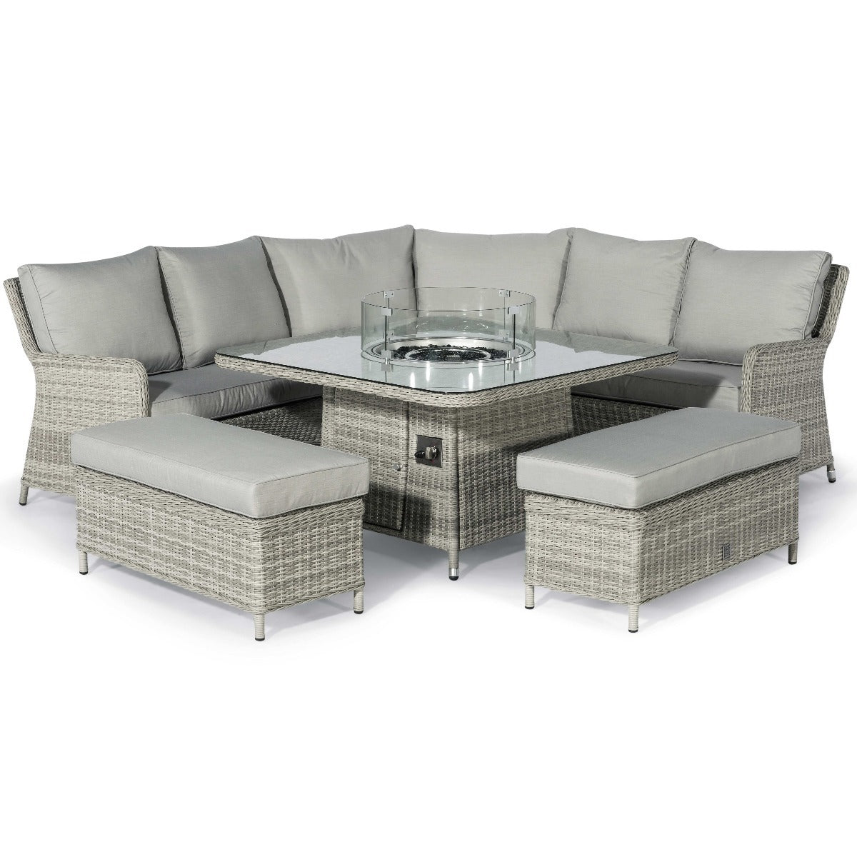 Maze Oxford Grey Rattan Royal Casual Corner Dining Set With Bench Seating and LPG Gas Fire pit