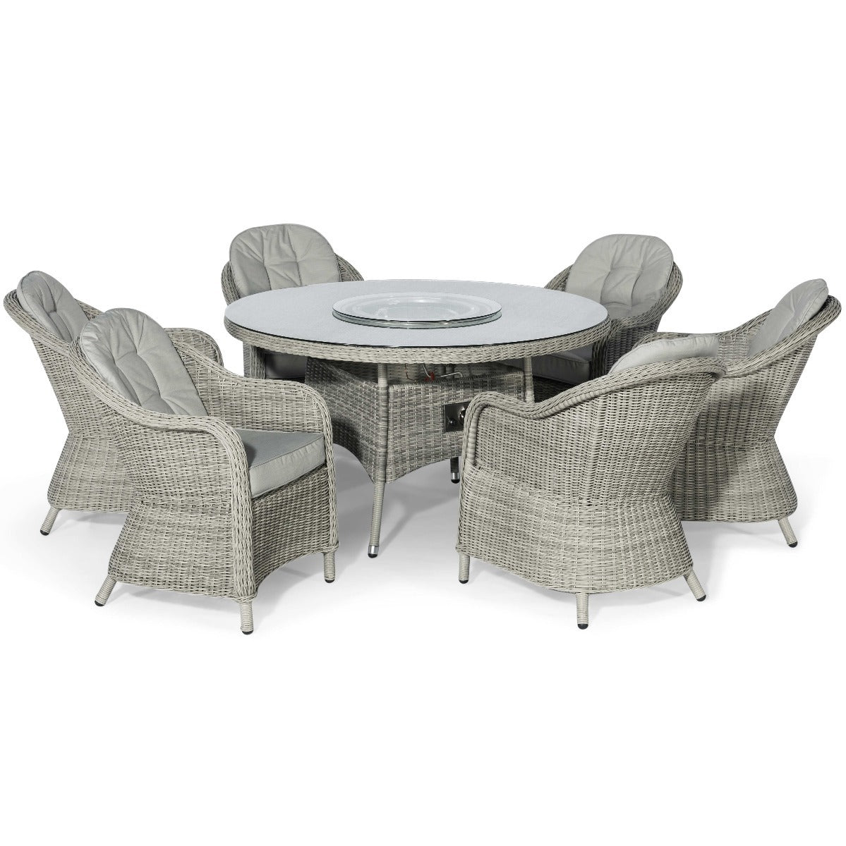 Maze Oxford Grey Rattan Six Seat Round Heritage Garden Dining Set with Lazy Susan and LPG Gas Firepit