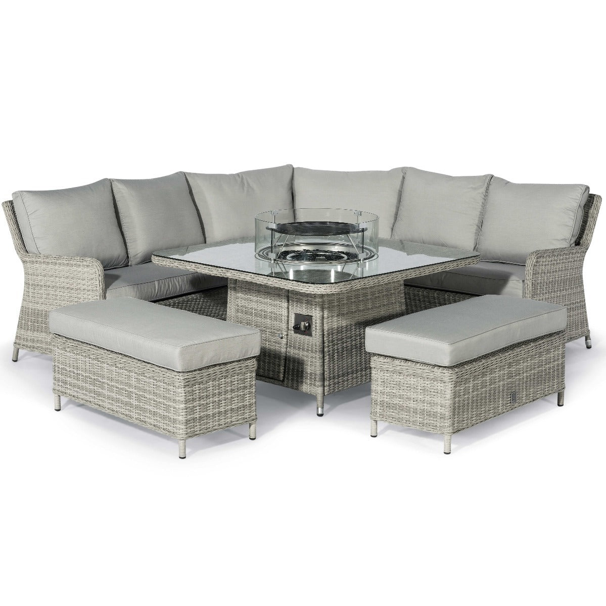 Maze Oxford Grey Rattan Royal Casual Corner Dining Set With Bench Seating and LPG Gas Fire pit