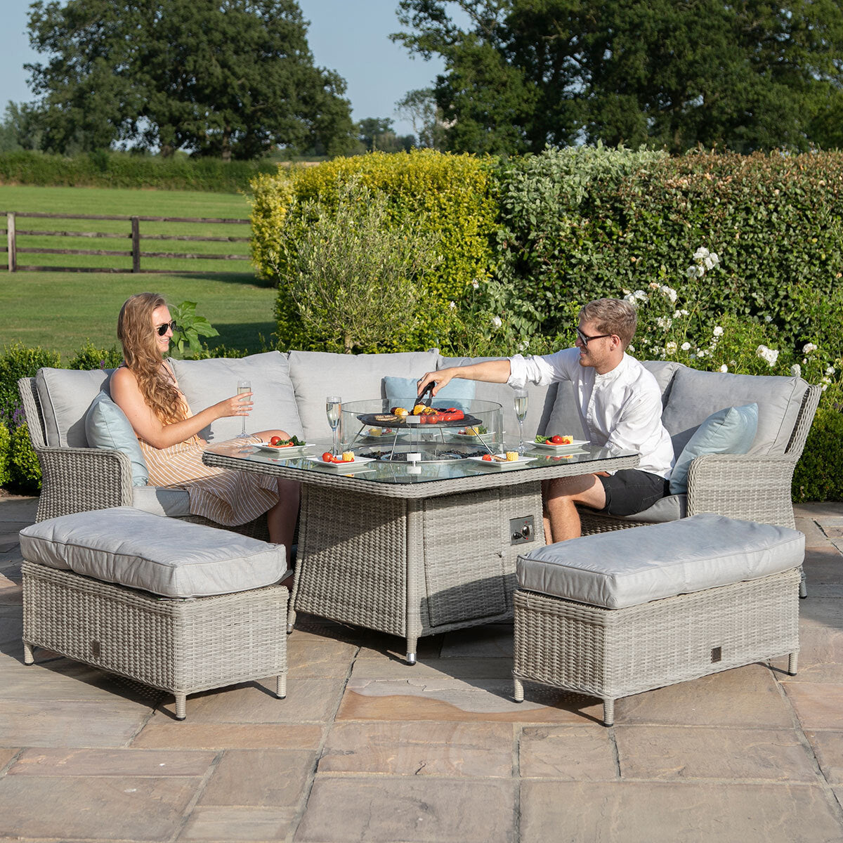 Maze Oxford Grey Rattan Royal Casual Corner Dining Set With Bench Seating and LPG Gas Fire pit