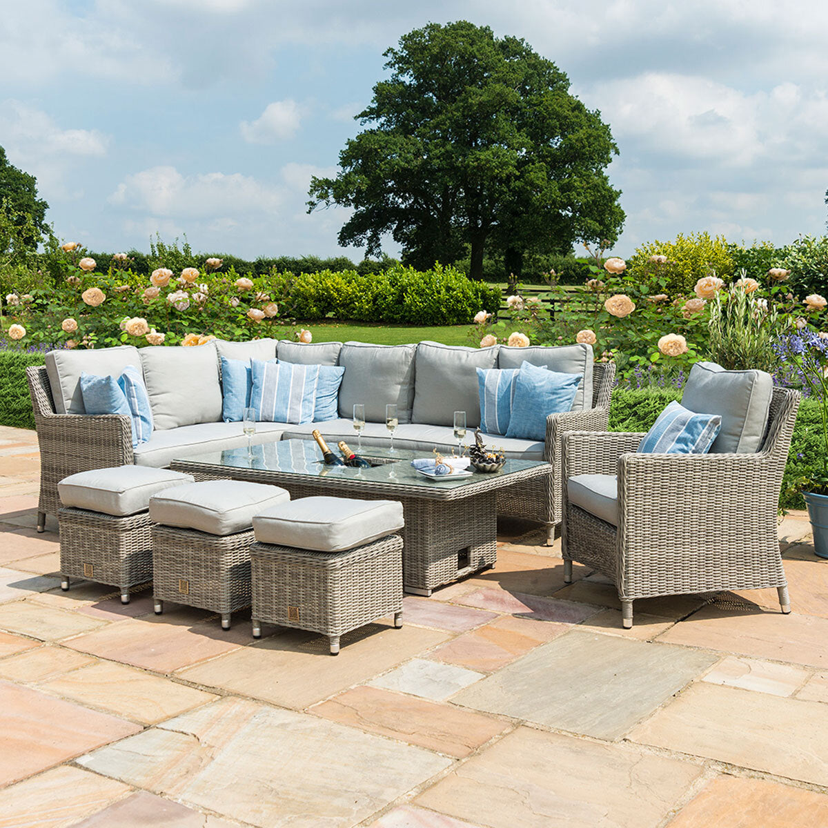 Maze Oxford Grey Rattan Casual Corner Dining Set With Armchair integrated Ice Bucket and Rising Table