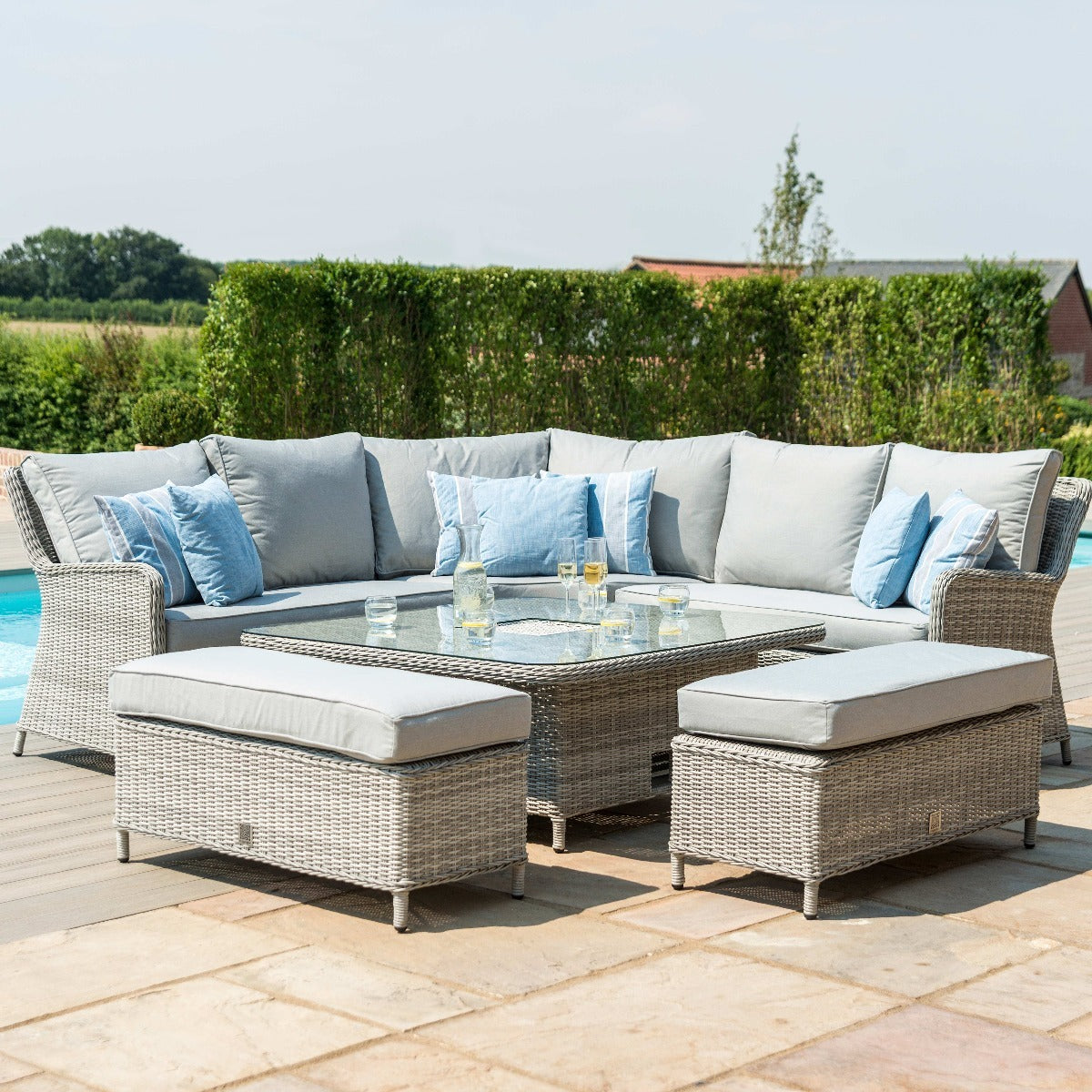 Maze Oxford Grey Rattan Royal Casual Corner Dining Set With Bench Seating and LPG Gas Fire pit