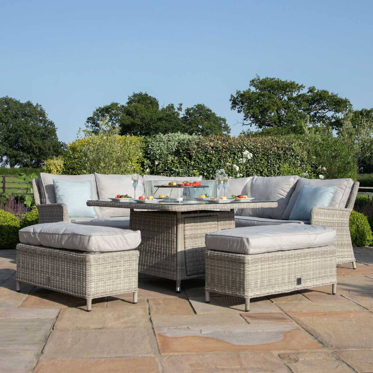 Maze Oxford Grey Rattan Royal Casual Corner Dining Set With Bench Seating and LPG Gas Fire pit