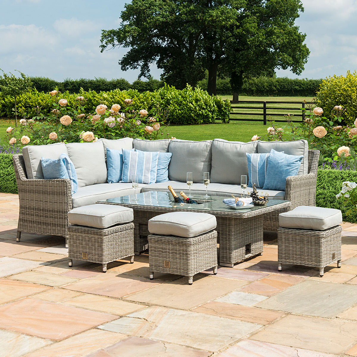 Maze Oxford Grey Rattan Casual Corner Dining Set with Ice Bucket and Rising Table