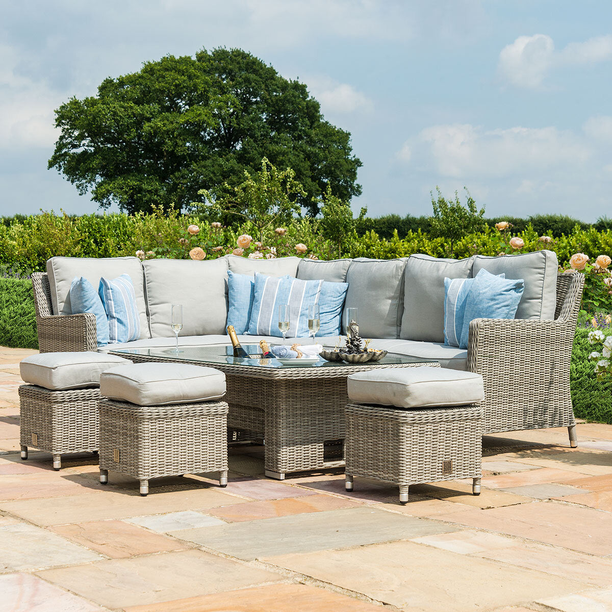 Maze Oxford Grey Rattan Casual Corner Dining Set with Ice Bucket and Rising Table