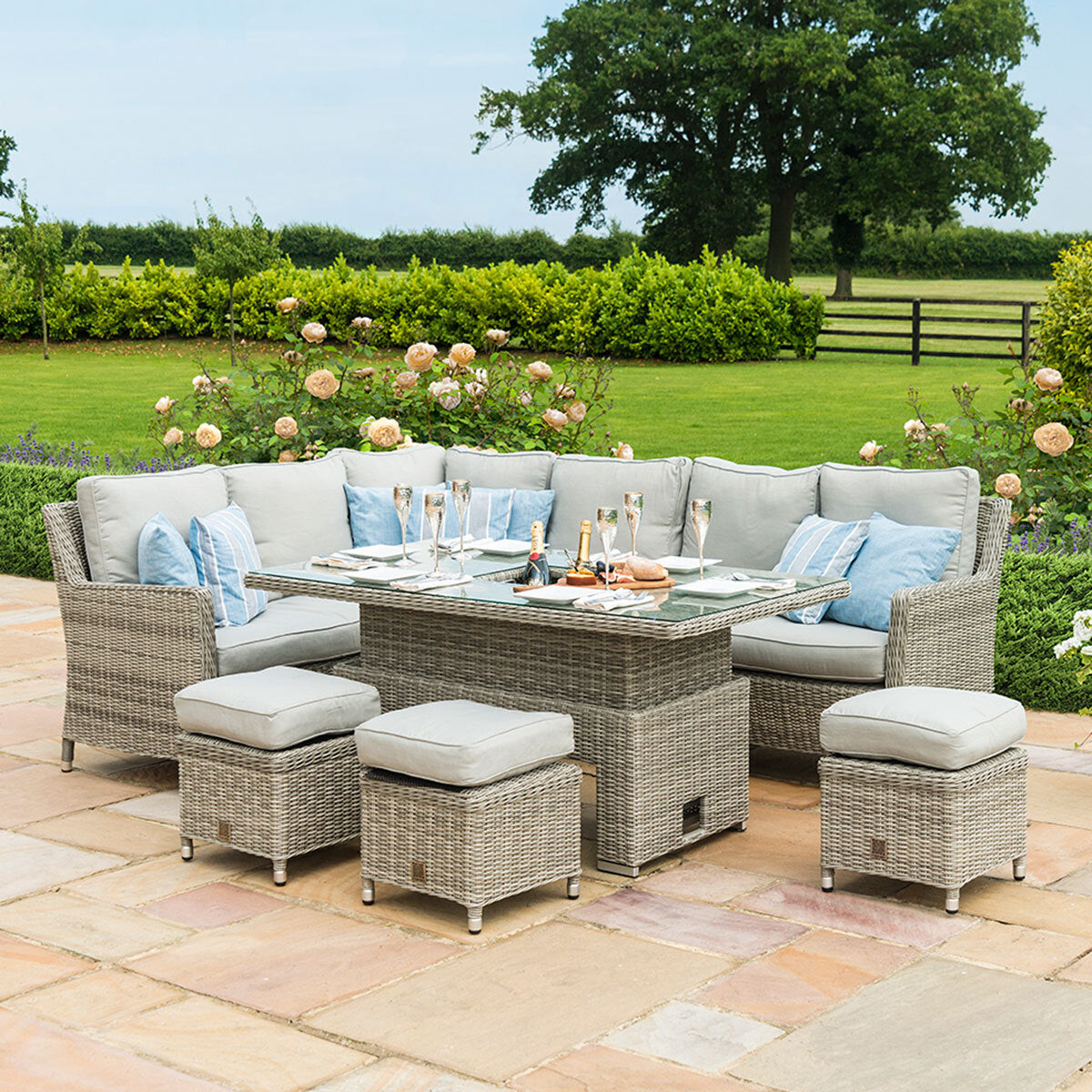 Maze Oxford Grey Rattan Casual Corner Dining Set with Ice Bucket and Rising Table