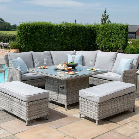 Maze Oxford Grey Rattan Royal Casual Corner Dining Set With Bench Seating and LPG Gas Fire pit