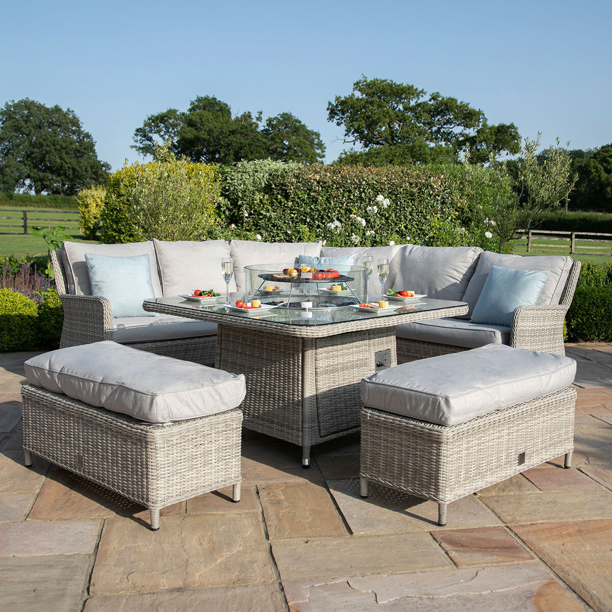 Maze Oxford Grey Rattan Royal Casual Corner Dining Set With Bench Seating and LPG Gas Fire pit