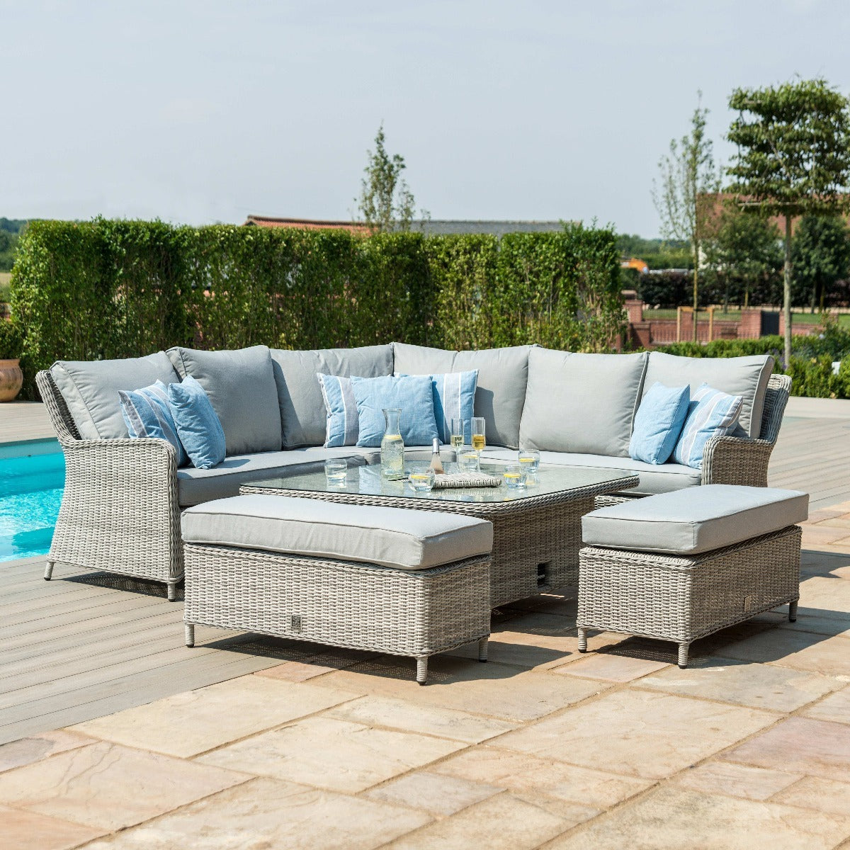 Maze Oxford Grey Rattan Royal Casual Corner Dining Set With integrated Ice Bucket and Rising Table