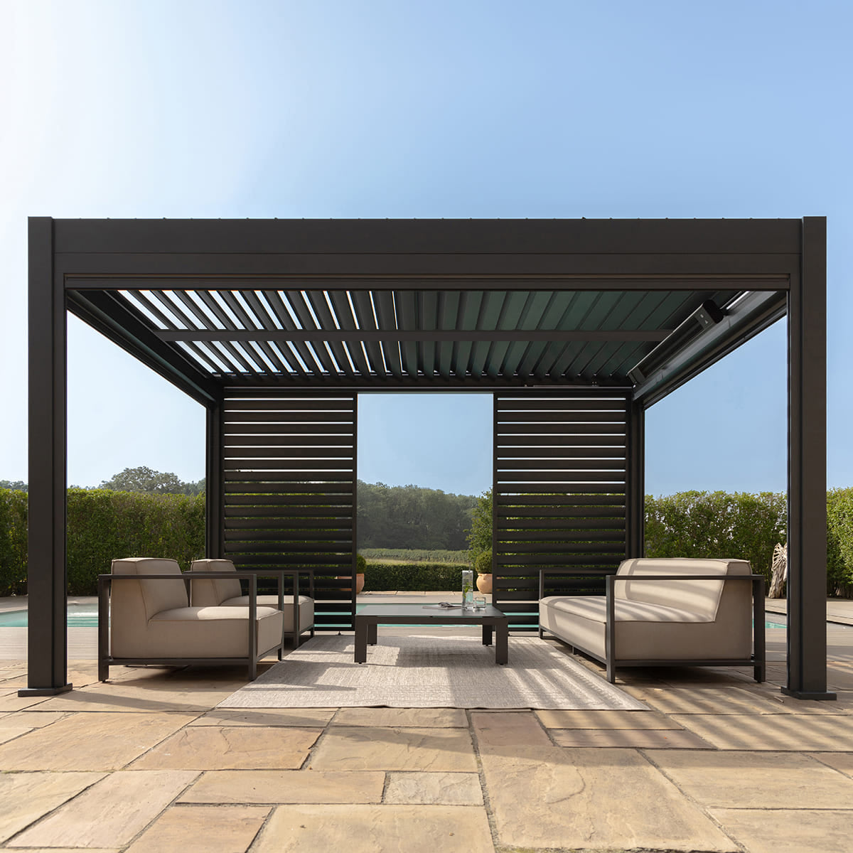 Eden Aluminium Pergola With Motorised Roof, 4m Louvre Wall & 3 Blinds