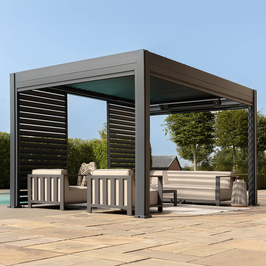 Eden Aluminium Pergola With Motorised Roof, 4m Louvre Wall & 3 Blinds