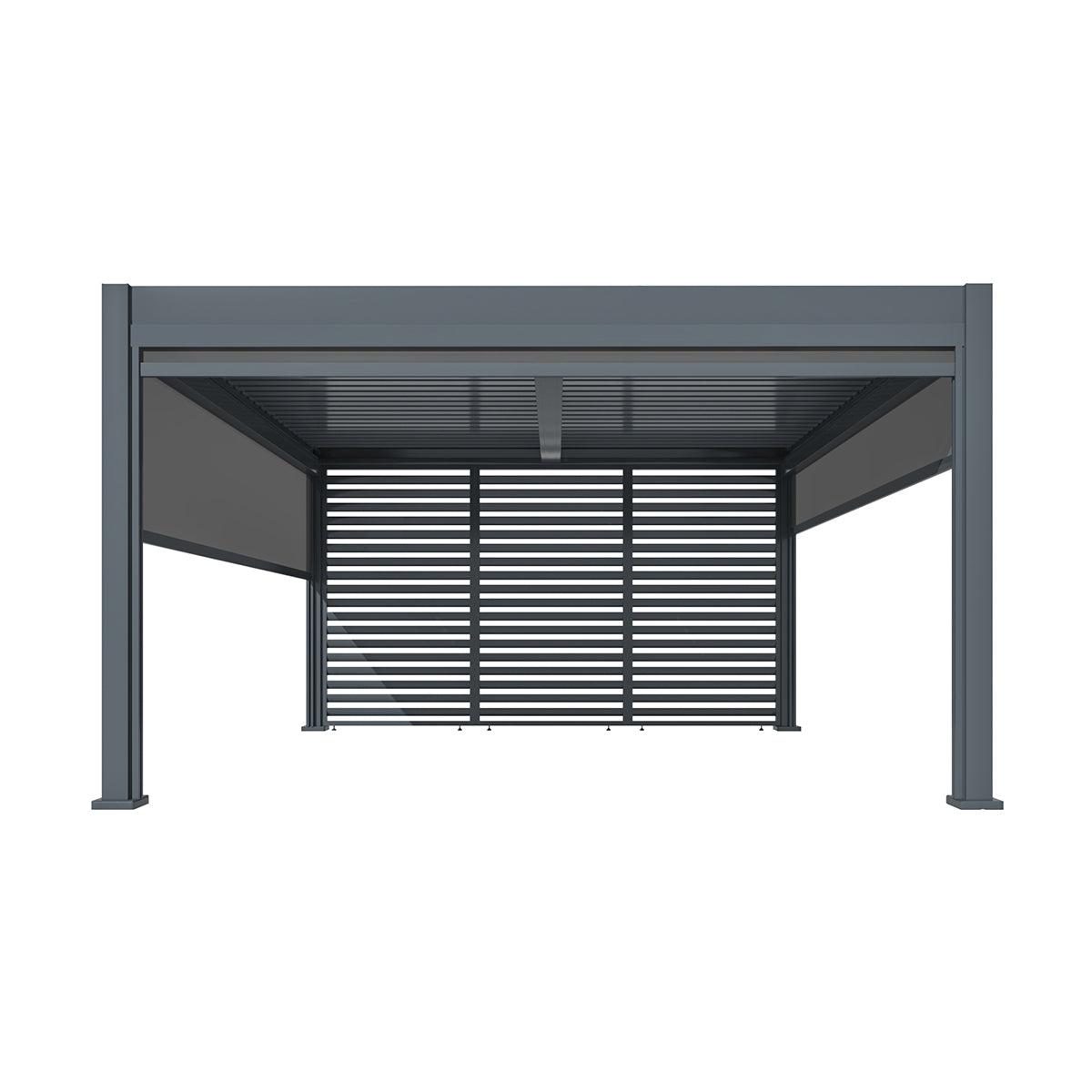 Eden Aluminium Pergola With Motorised Roof, 4m Louvre Wall & 3 Blinds