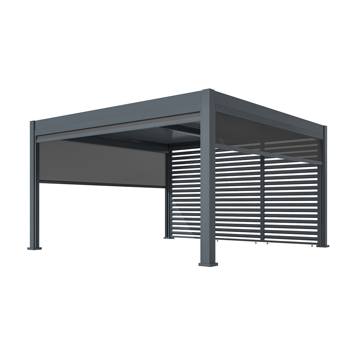 Eden Aluminium Pergola With Motorised Roof, 4m Louvre Wall & 3 Blinds