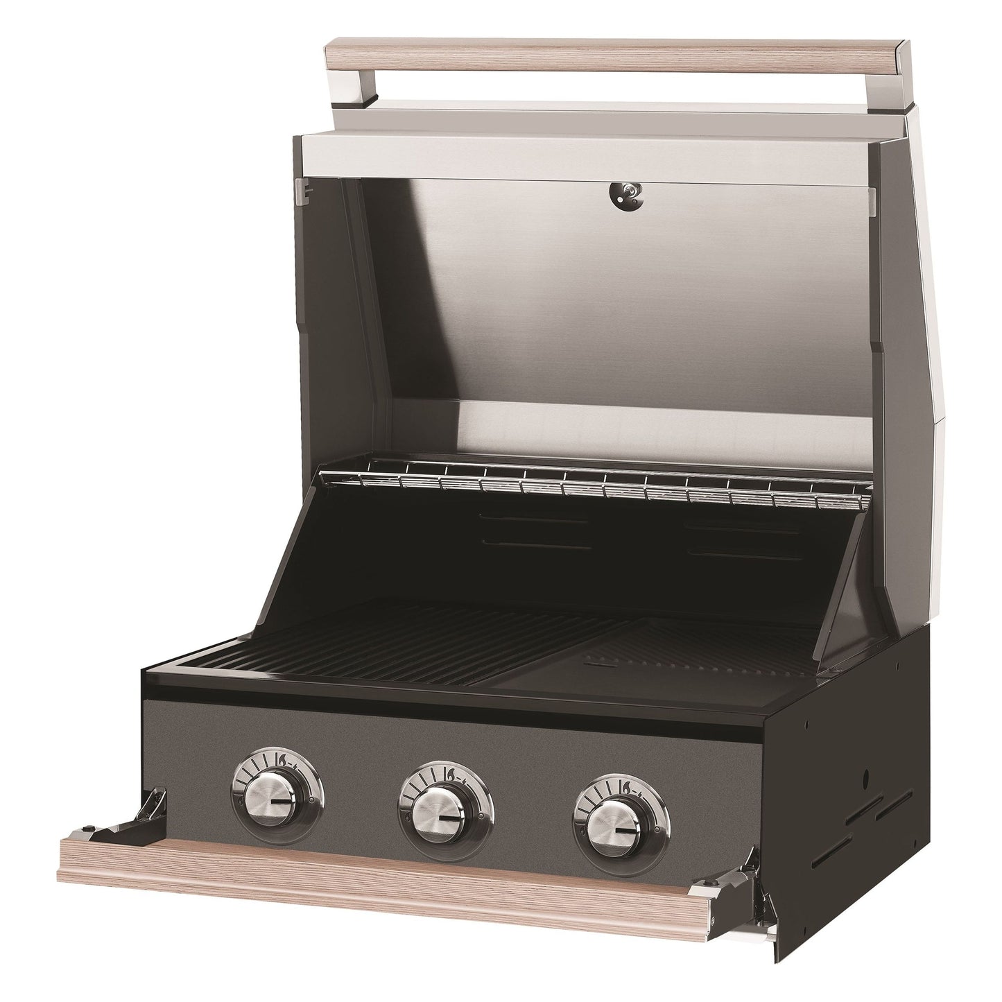 Beefeater 1500 series 3 burner built in gas bbq with hood open from the side