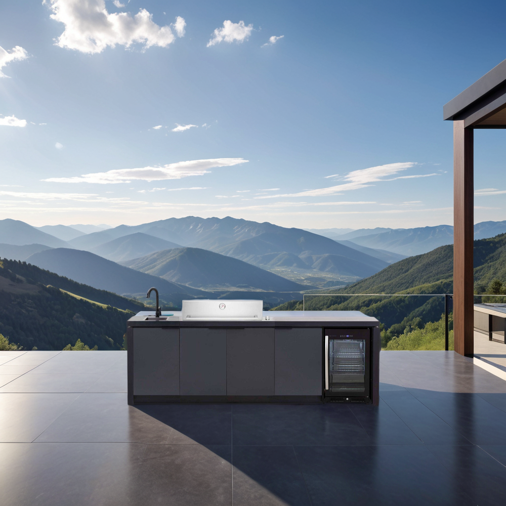 Cabinex Outdoor Kitchen Classic 
 BeefEater Proline Grill with Fridge in a terrace with mountain view