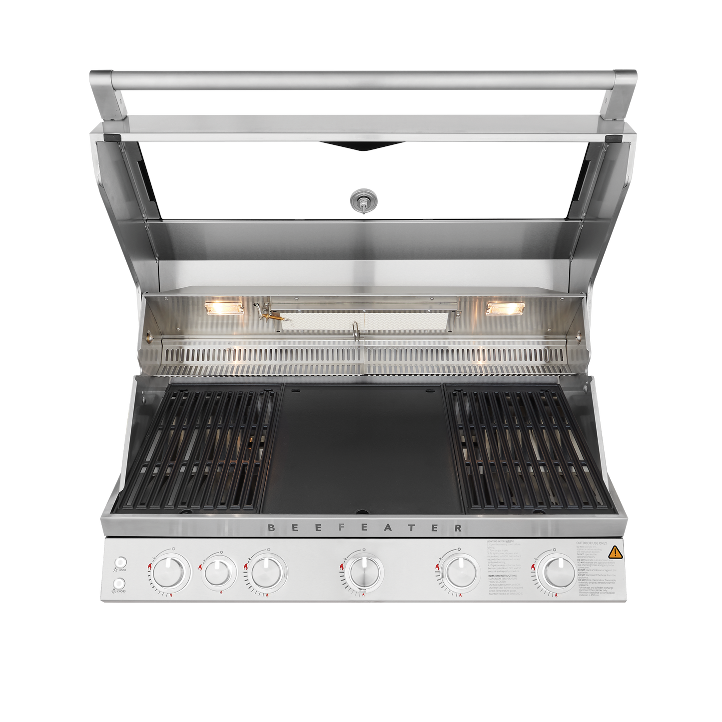 Beefeater premium 7000 series 5 burner built in gas bbq hood opened front