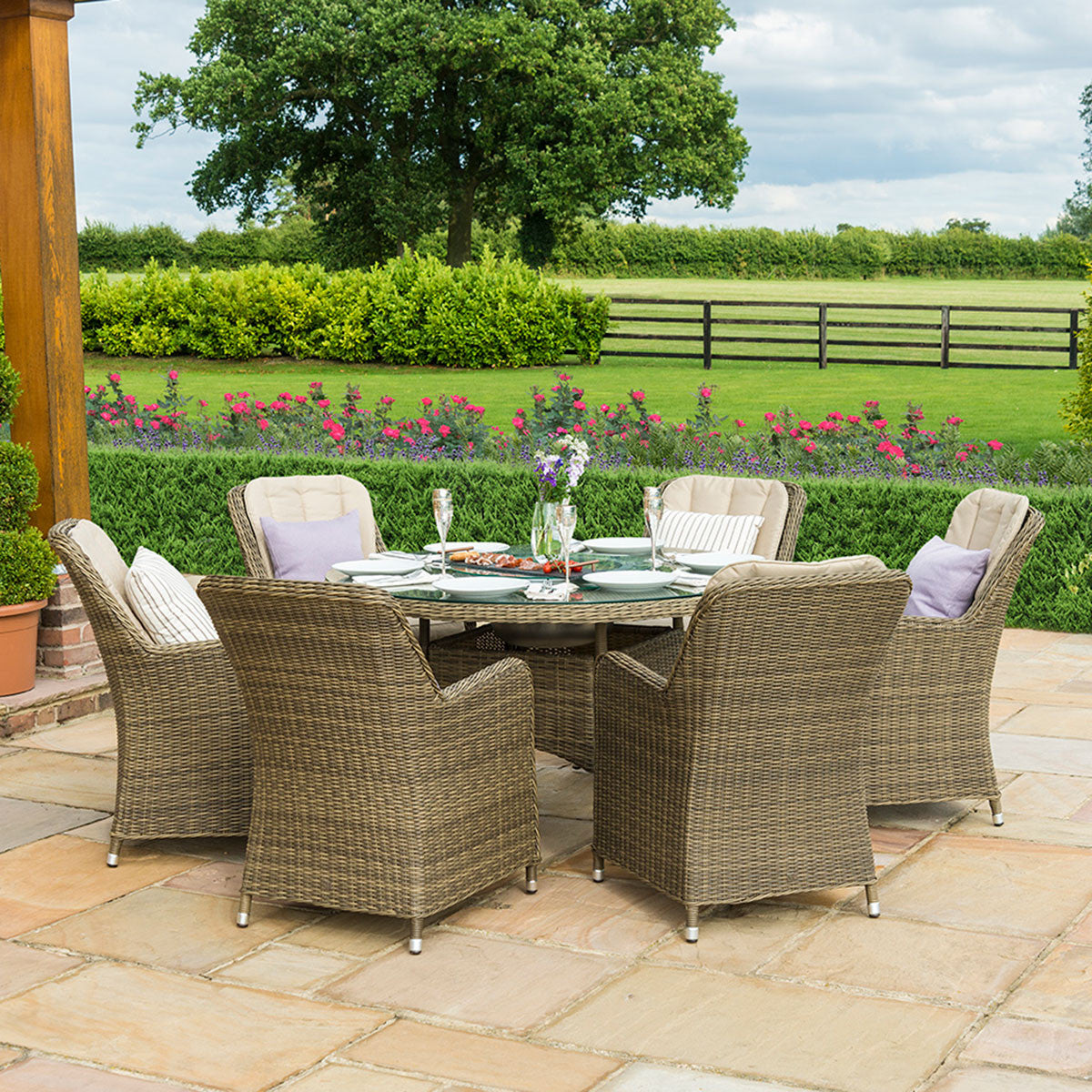 Winchester 6 Seat Round Rattan Ice Bucket Dining Set with Venice Chairs Lazy Susan