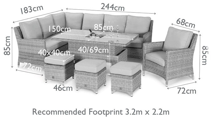 Maze Oxford Grey Rattan Casual Corner Dining Set With Armchair integrated Ice Bucket and Rising Table