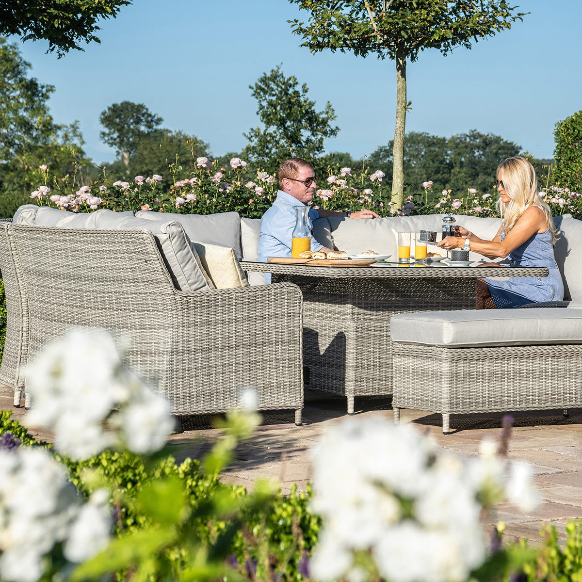 Maze Oxford Grey Rattan Royal U Shape Modular Garden Sofa with Adjustable table with Inbuilt Ice bucket