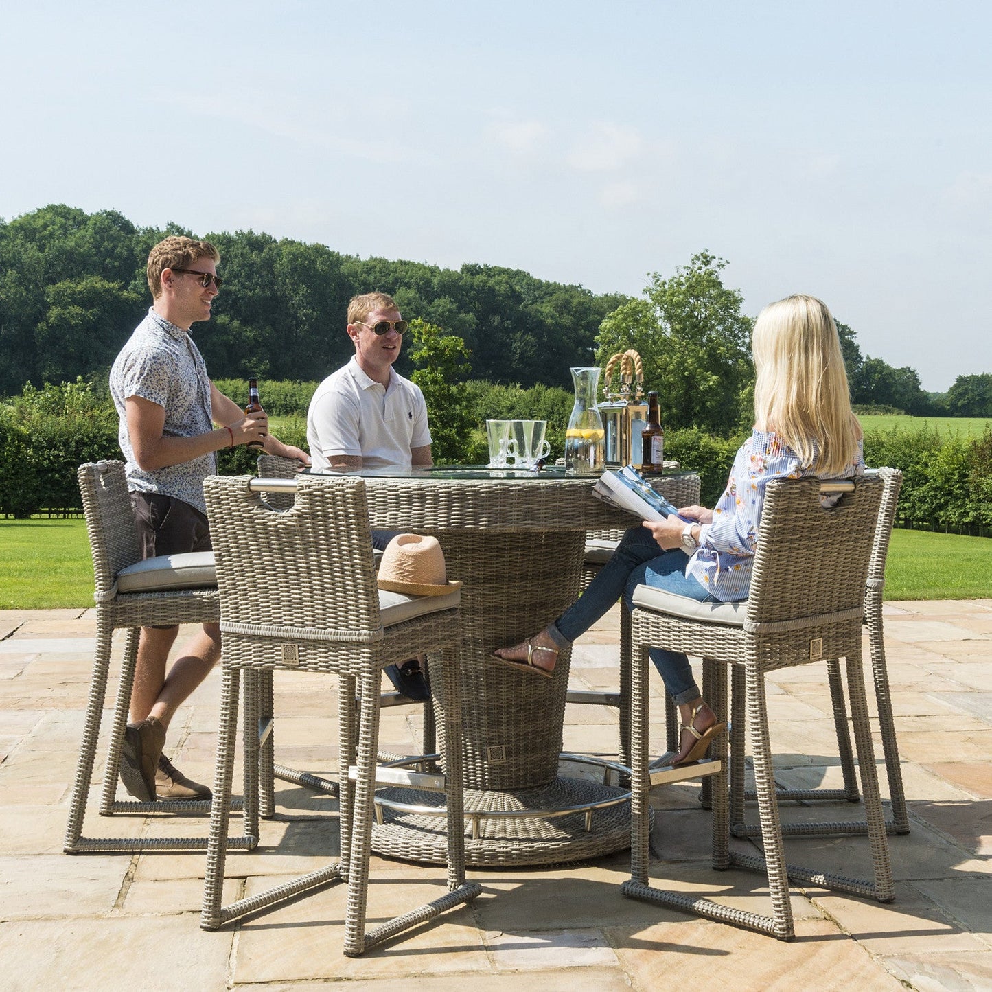 Maze Oxford Grey Rattan Six Seat Round High Bar Set with Ice Bucket