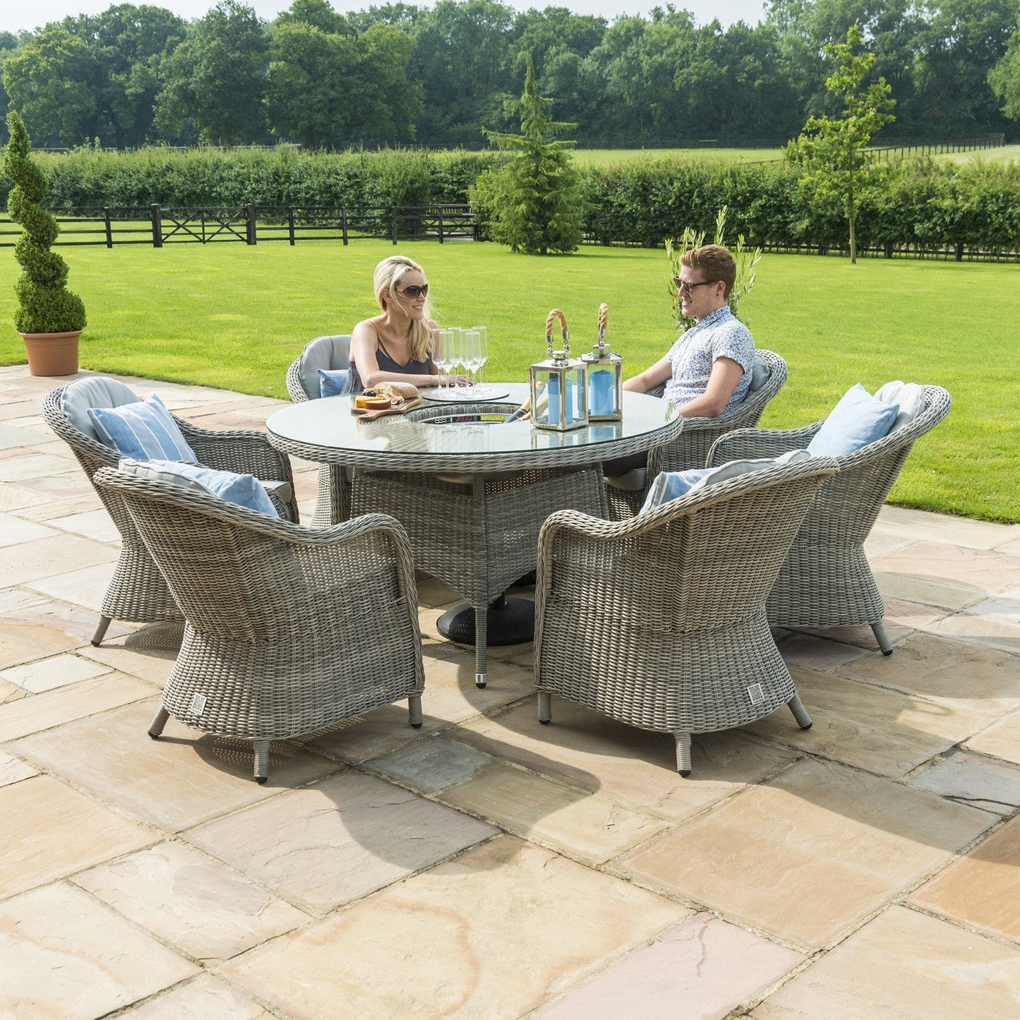 Maze Oxford Grey Rattan Six Seat Round Heritage Garden Dining Set with Lazy Susan and Ice Bucket