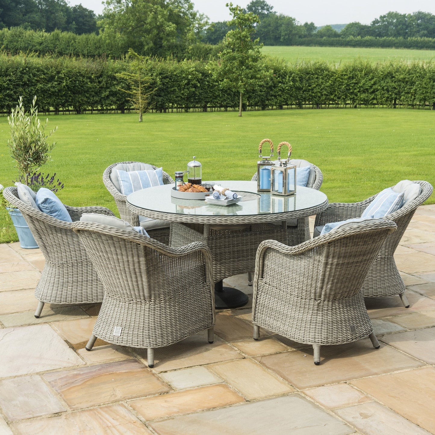 Maze Oxford Grey Rattan Six Seat Round Heritage Garden Dining Set with Lazy Susan and Ice Bucket