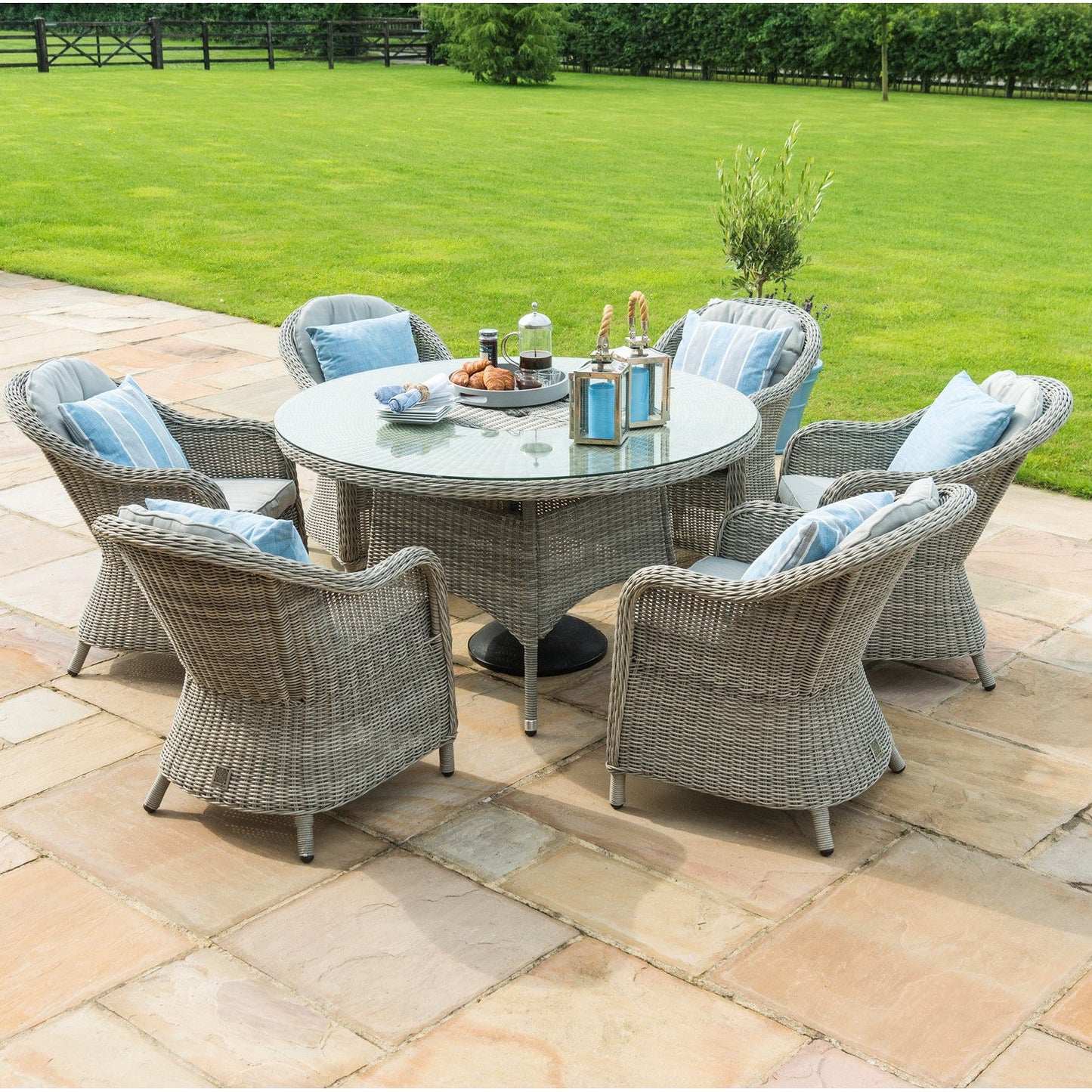 Maze Oxford Grey Rattan Six Seat Round Heritage Garden Dining Set with Lazy Susan and Ice Bucket