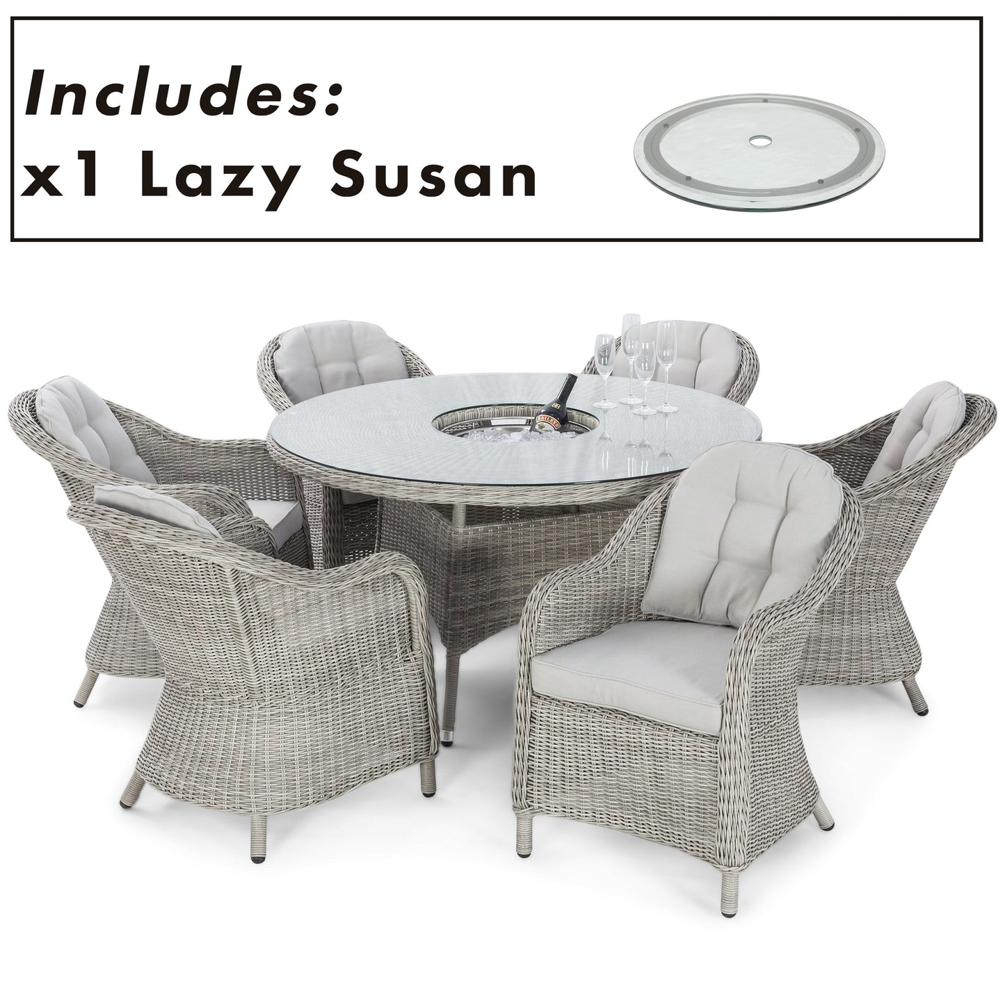 Maze Oxford Grey Rattan Six Seat Round Heritage Garden Dining Set with Lazy Susan and Ice Bucket