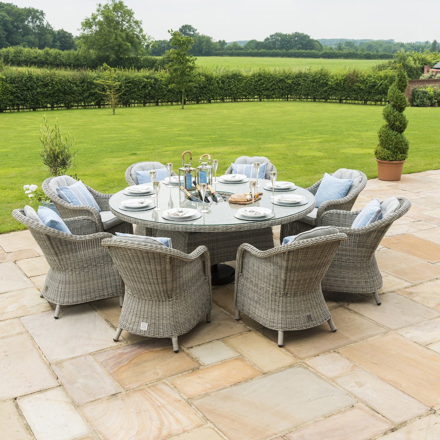 Maze Oxford Grey Rattan Eight Seat Round Heritage Garden Dining Set with Lazy Susan and LPG Gas Firepit