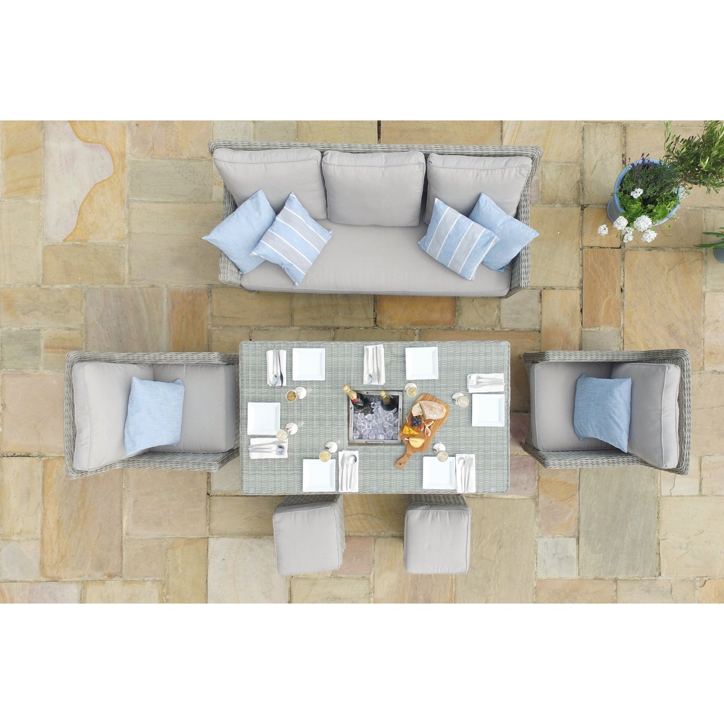 Maze Oxford Grey Rattan Sofa Casual Dining Set with Integrated Ice Bucket and Rising Table