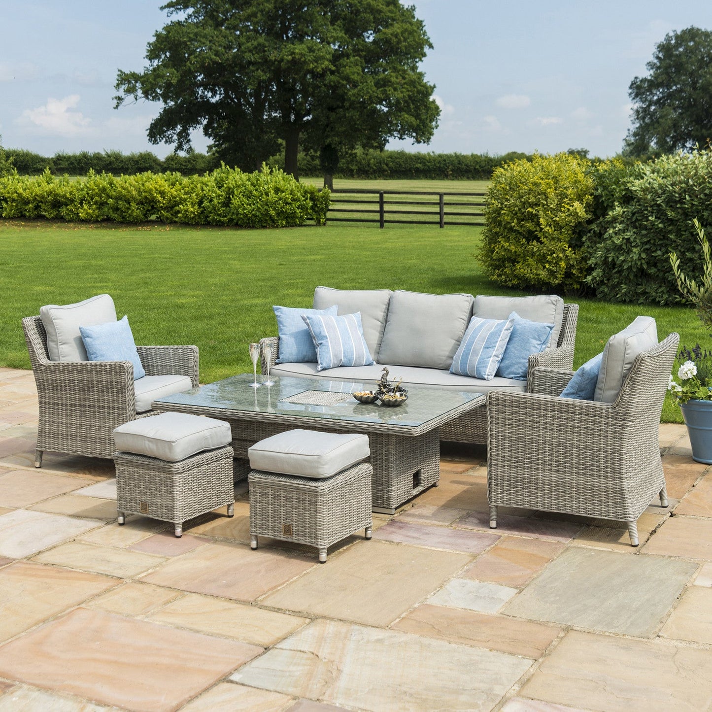 Maze Oxford Grey Rattan Sofa Casual Dining Set with Integrated Ice Bucket and Rising Table