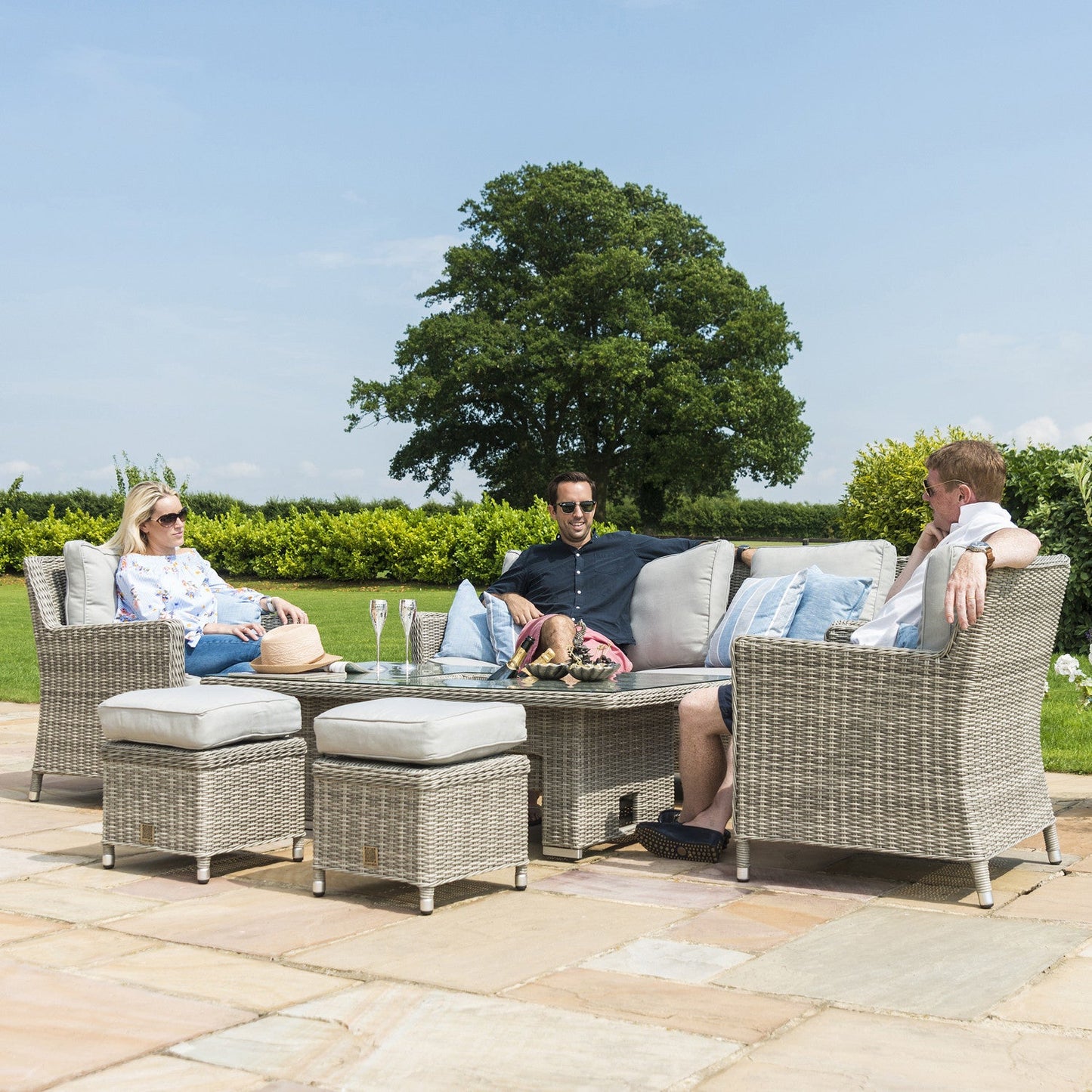 Maze Oxford Grey Rattan Sofa Casual Dining Set with Integrated Ice Bucket and Rising Table